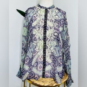 Sundance Blouse Mock Neck Sheer Embroidered paisley pattern purple green ivory